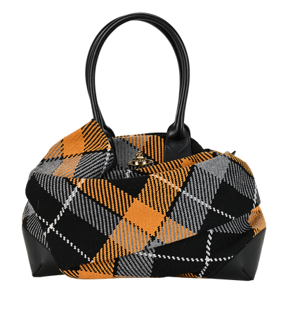 Tartan Pleated Shoulder Bag, £195, Handbags, Black/Yellow, Fabric, Front view